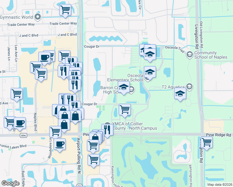 map of restaurants, bars, coffee shops, grocery stores, and more near 5600 Cougar Drive in Naples