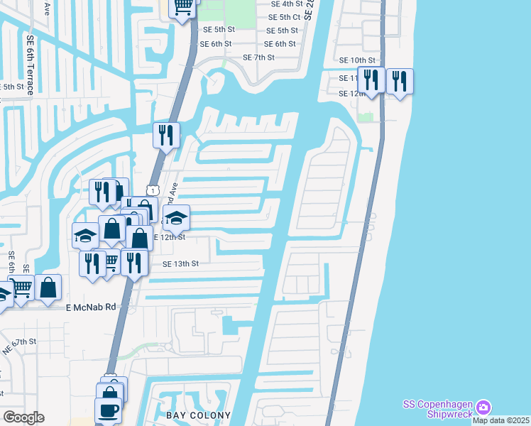 map of restaurants, bars, coffee shops, grocery stores, and more near 2731 Southeast 11th Street in Pompano Beach