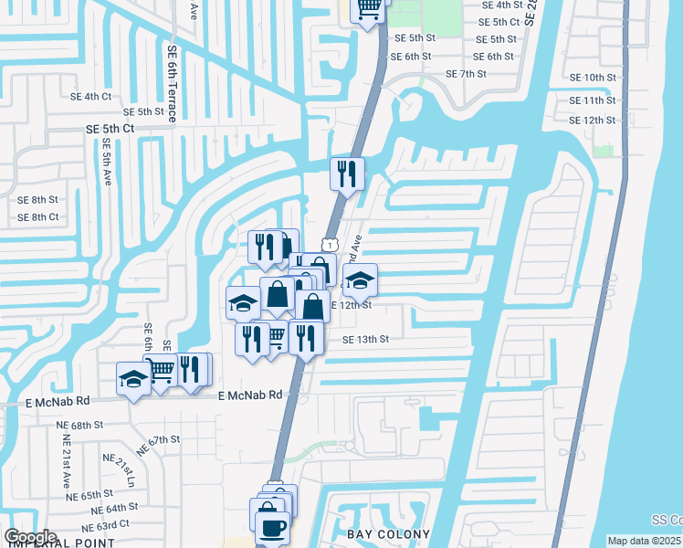 map of restaurants, bars, coffee shops, grocery stores, and more near 1047 Southeast 22nd Avenue in Pompano Beach