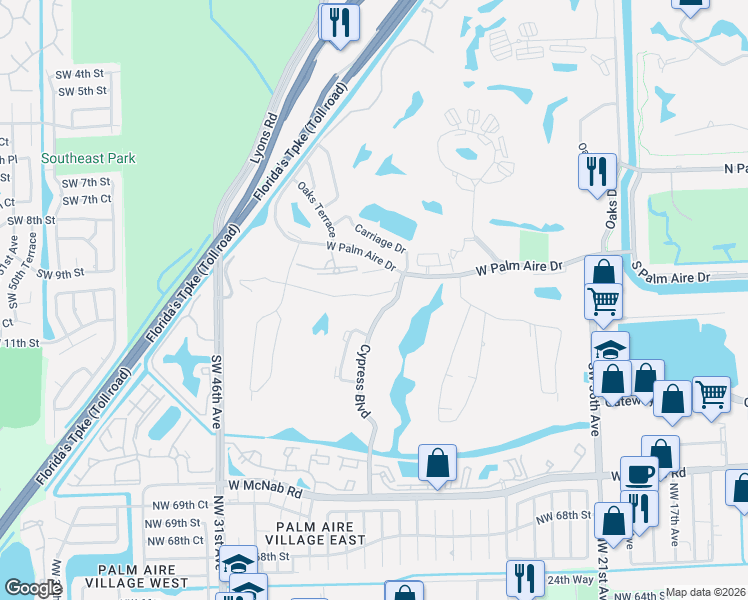 map of restaurants, bars, coffee shops, grocery stores, and more near 801 Cypress Boulevard in Pompano Beach