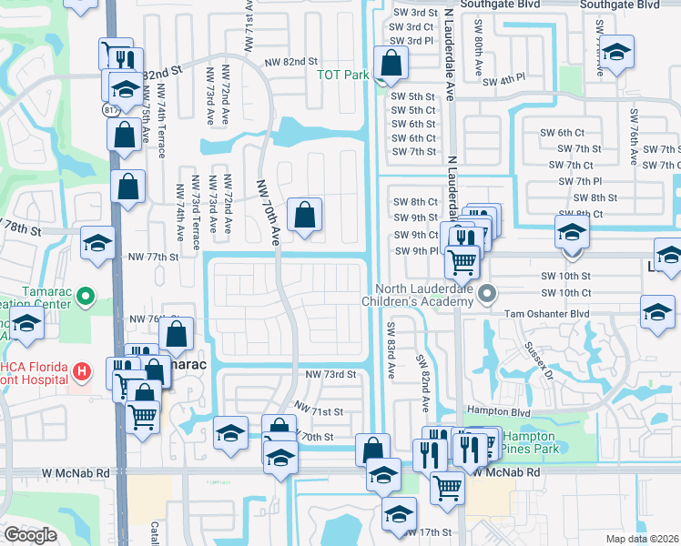 map of restaurants, bars, coffee shops, grocery stores, and more near 7617 Northwest 68th Avenue in Tamarac