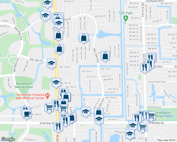 map of restaurants, bars, coffee shops, grocery stores, and more near 7206 Northwest 77th Street in Tamarac