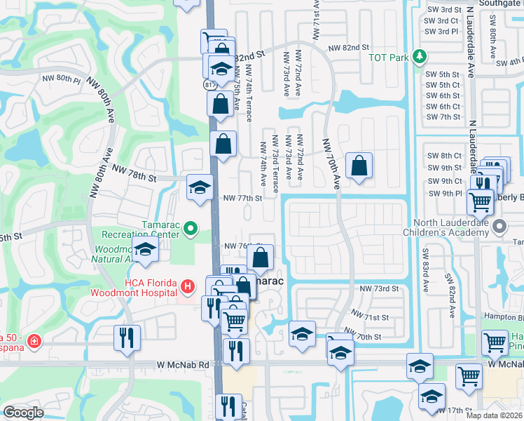 map of restaurants, bars, coffee shops, grocery stores, and more near 7659 Northwest 74th Avenue in Tamarac