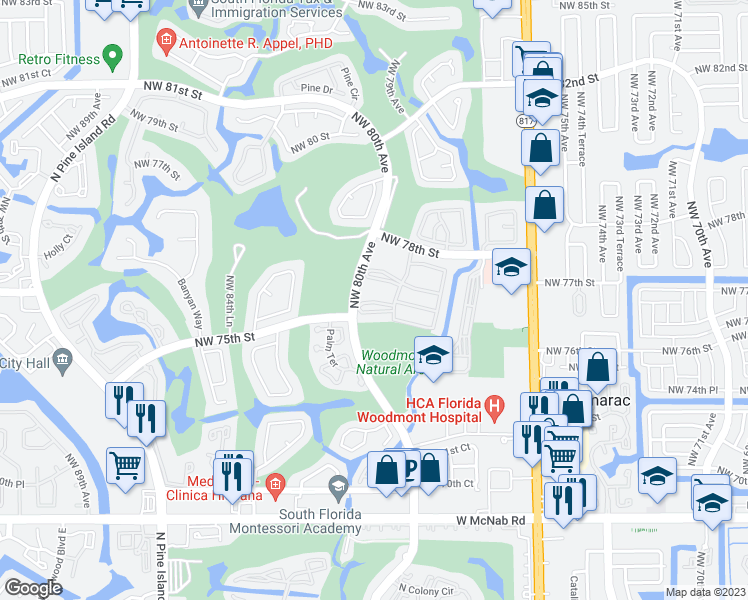 map of restaurants, bars, coffee shops, grocery stores, and more near 7625 Northwest 79th Avenue in Tamarac