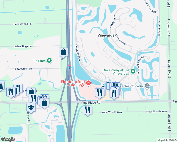 map of restaurants, bars, coffee shops, grocery stores, and more near 108 Tuscany Way in Naples