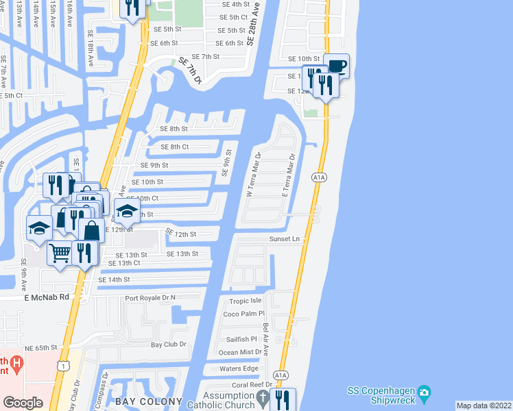 map of restaurants, bars, coffee shops, grocery stores, and more near 3220 Fiesta Way in Pompano Beach
