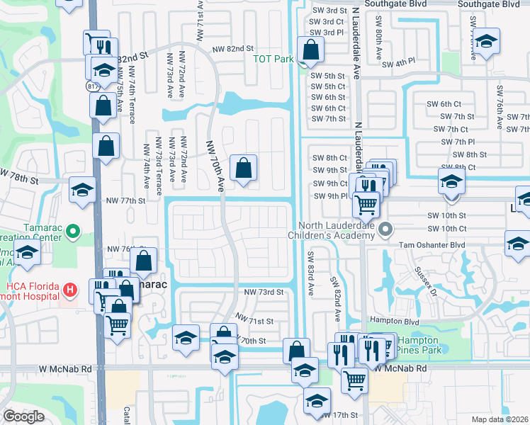 map of restaurants, bars, coffee shops, grocery stores, and more near 7617 Northwest 68th Avenue in Tamarac