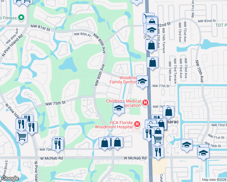 map of restaurants, bars, coffee shops, grocery stores, and more near 7660 Northwest 79th Avenue in Tamarac