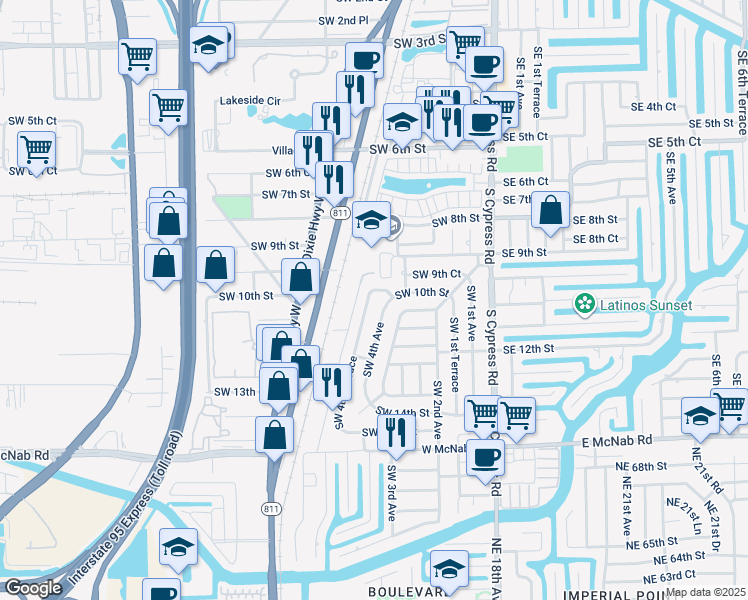 map of restaurants, bars, coffee shops, grocery stores, and more near 1016 Southwest 4th Terrace in Pompano Beach