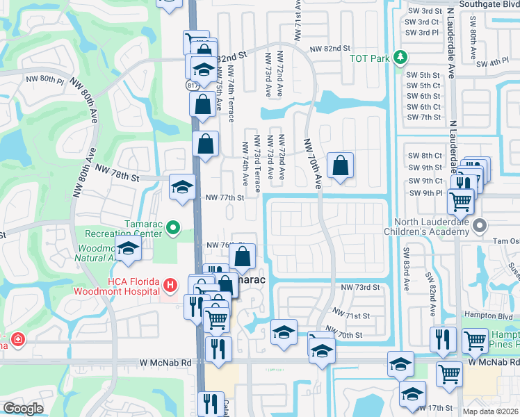 map of restaurants, bars, coffee shops, grocery stores, and more near 7660 Northwest 73rd Terrace in Tamarac