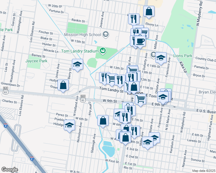 map of restaurants, bars, coffee shops, grocery stores, and more near 401 West Tom Landry Street in Mission