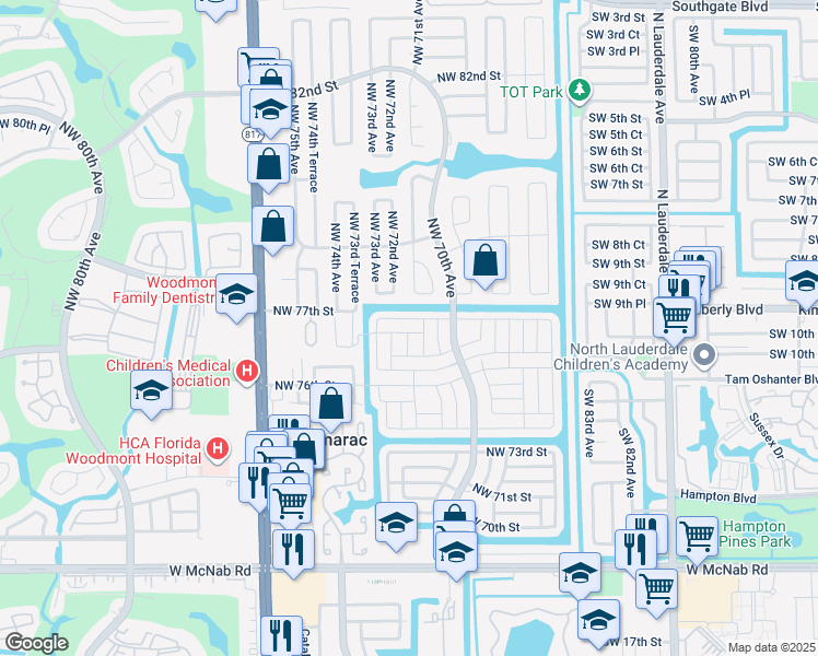 map of restaurants, bars, coffee shops, grocery stores, and more near 7206 Northwest 77th Street in Tamarac