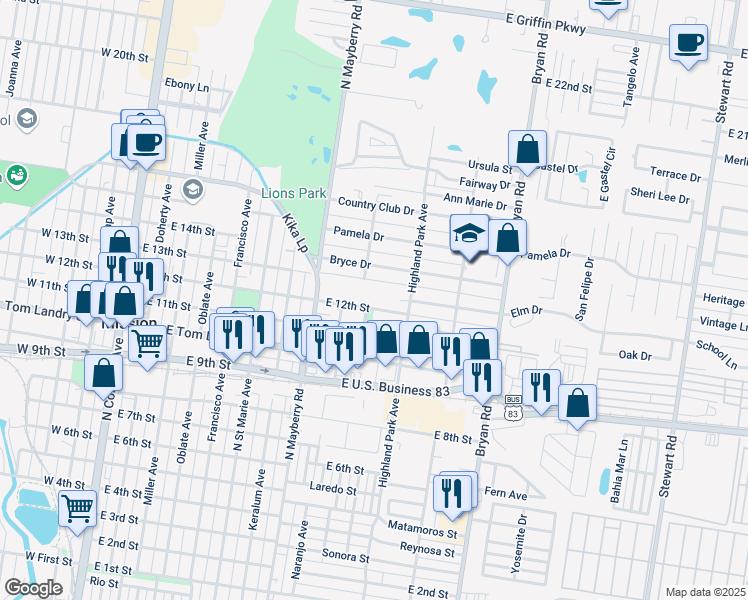 map of restaurants, bars, coffee shops, grocery stores, and more near 1007 East 12th Street in Mission