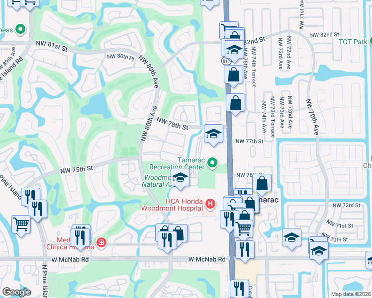 map of restaurants, bars, coffee shops, grocery stores, and more near 7780 Northwest 78th Avenue in Tamarac