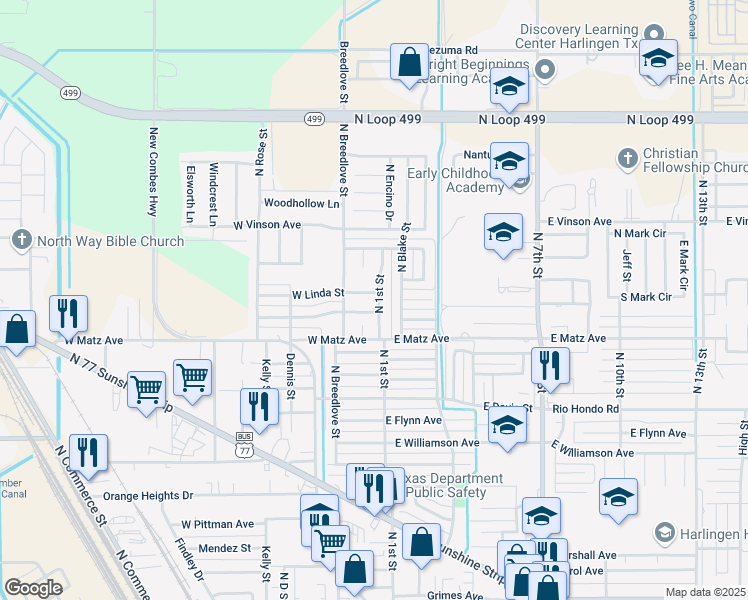 map of restaurants, bars, coffee shops, grocery stores, and more near 2219 North 1st Street in Harlingen