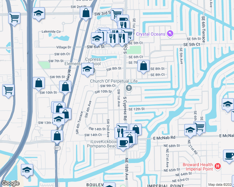 map of restaurants, bars, coffee shops, grocery stores, and more near 1014 Southwest 1st Avenue in Pompano Beach