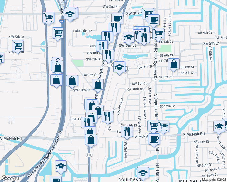map of restaurants, bars, coffee shops, grocery stores, and more near 1000 South Dixie Highway in Pompano Beach