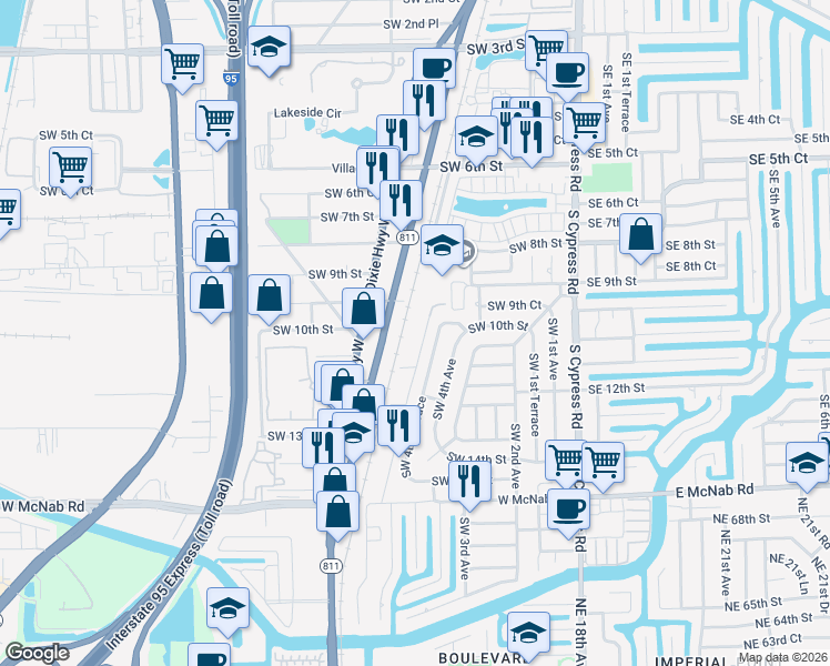 map of restaurants, bars, coffee shops, grocery stores, and more near 1000 South Dixie Highway in Pompano Beach