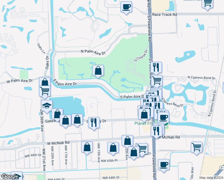 map of restaurants, bars, coffee shops, grocery stores, and more near 2851 South Palm Aire Drive in Pompano Beach