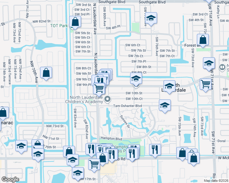 map of restaurants, bars, coffee shops, grocery stores, and more near 7864 Kimberly Boulevard in North Lauderdale