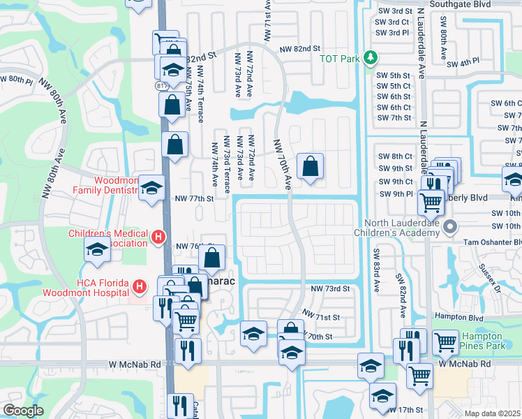 map of restaurants, bars, coffee shops, grocery stores, and more near 7206 Northwest 77th Street in Tamarac