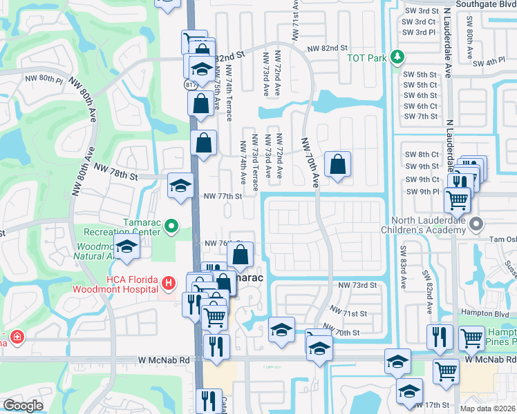 map of restaurants, bars, coffee shops, grocery stores, and more near 7660 Northwest 73rd Terrace in Tamarac