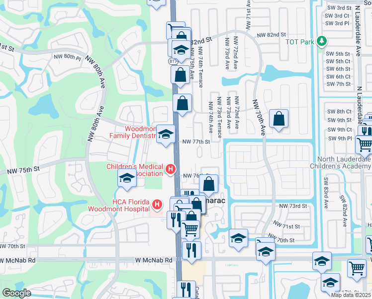 map of restaurants, bars, coffee shops, grocery stores, and more near 7650 North University Drive in Tamarac