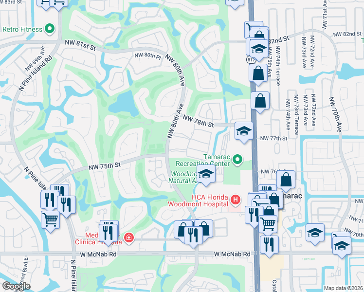 map of restaurants, bars, coffee shops, grocery stores, and more near 7625 Northwest 79th Avenue in Tamarac