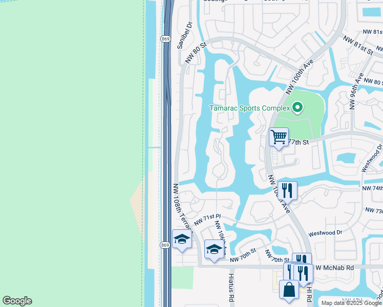 map of restaurants, bars, coffee shops, grocery stores, and more near 7357 Devon Drive in Tamarac
