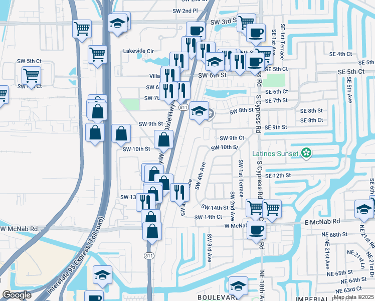 map of restaurants, bars, coffee shops, grocery stores, and more near 1000 South Dixie Highway in Pompano Beach