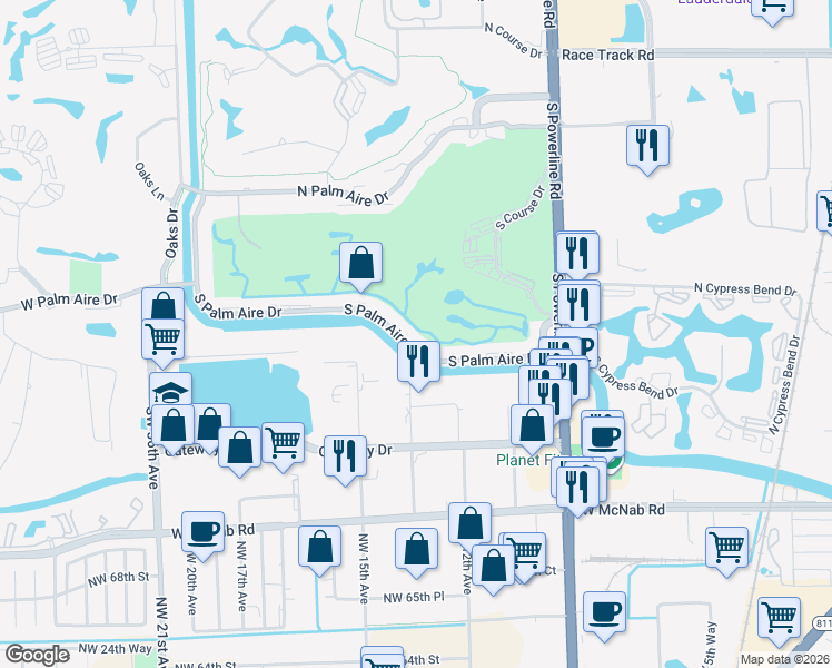 map of restaurants, bars, coffee shops, grocery stores, and more near 2851 South Palm Aire Drive in Pompano Beach