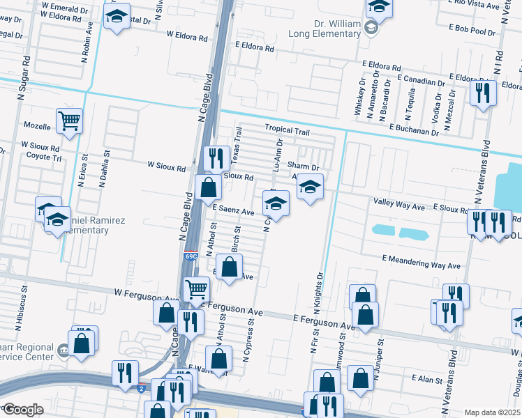 map of restaurants, bars, coffee shops, grocery stores, and more near 215 East Saenz Avenue in Pharr