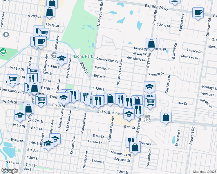 map of restaurants, bars, coffee shops, grocery stores, and more near 1007 East 12th Street in Mission