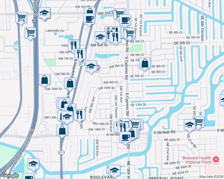 map of restaurants, bars, coffee shops, grocery stores, and more near 160 Southwest 10th Street in Pompano Beach