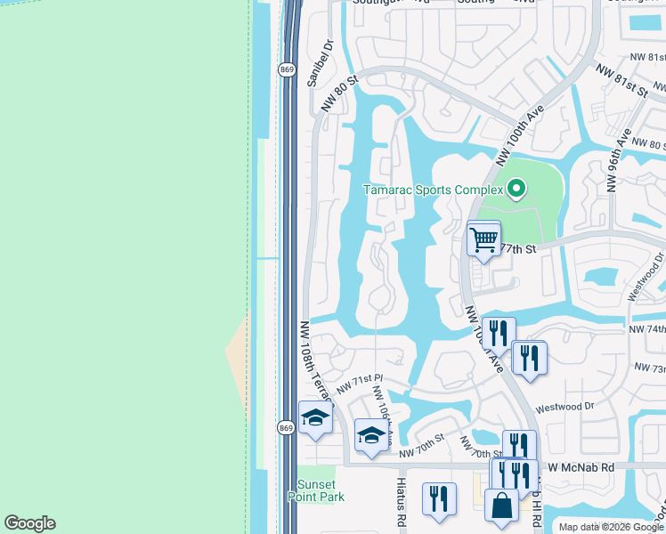 map of restaurants, bars, coffee shops, grocery stores, and more near 7292 South Devon Drive in Tamarac