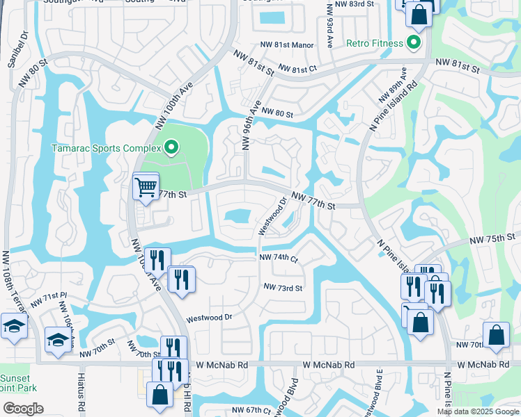 map of restaurants, bars, coffee shops, grocery stores, and more near 9614 Northwest 76th Street in Tamarac