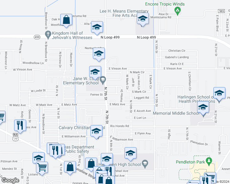 map of restaurants, bars, coffee shops, grocery stores, and more near 713 Tumbleweed Drive in Harlingen