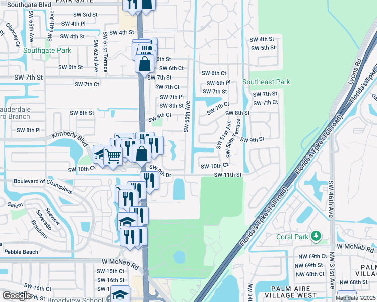 map of restaurants, bars, coffee shops, grocery stores, and more near 970 Southwest 55th Avenue in Margate