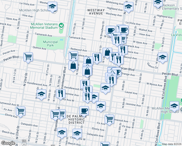 map of restaurants, bars, coffee shops, grocery stores, and more near 1316 Nyssa Avenue in McAllen