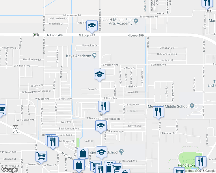map of restaurants, bars, coffee shops, grocery stores, and more near 2410 Cactus Drive in Harlingen