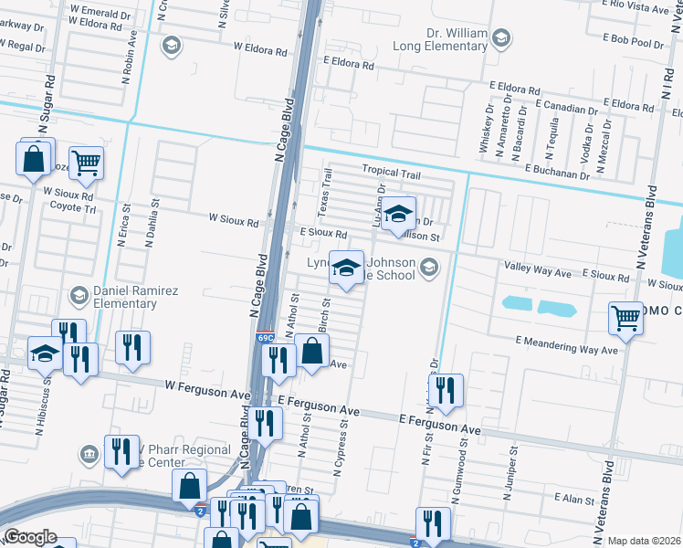 map of restaurants, bars, coffee shops, grocery stores, and more near 203 East Saenz Avenue in Pharr