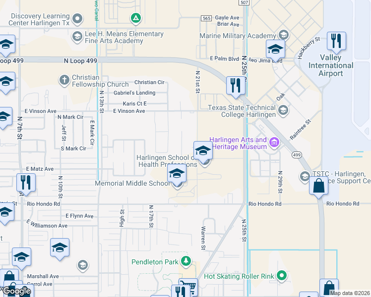 map of restaurants, bars, coffee shops, grocery stores, and more near 2739-2799 N 20 1/2 St in Harlingen