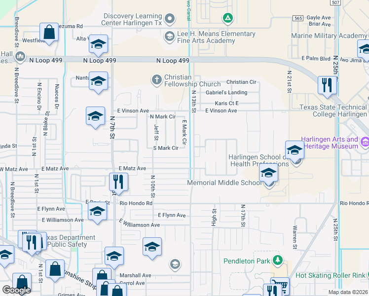 map of restaurants, bars, coffee shops, grocery stores, and more near 2500 East Mark Circle in Harlingen