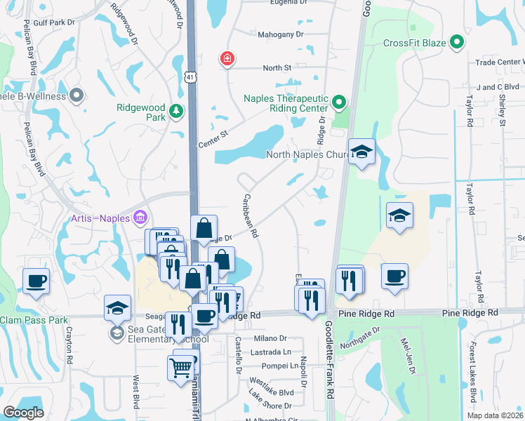 map of restaurants, bars, coffee shops, grocery stores, and more near 65 Ridge Drive in Naples