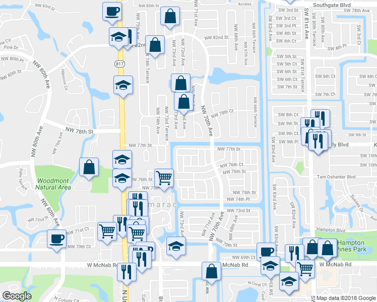 map of restaurants, bars, coffee shops, grocery stores, and more near 7206 Northwest 77th Street in Tamarac