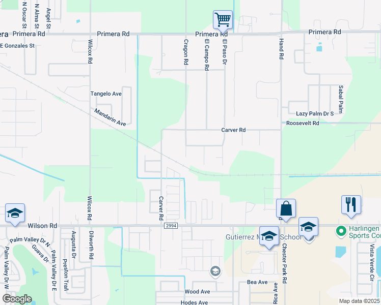 map of restaurants, bars, coffee shops, grocery stores, and more near 23539 Cragon Road in Harlingen