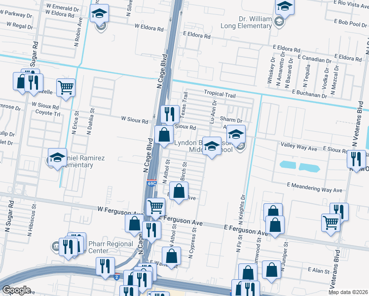 map of restaurants, bars, coffee shops, grocery stores, and more near 203 East Saenz Avenue in Pharr