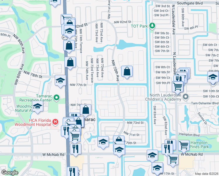 map of restaurants, bars, coffee shops, grocery stores, and more near 7206 Northwest 77th Street in Tamarac