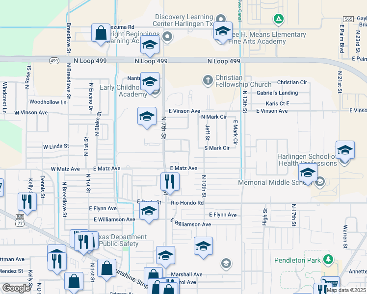 map of restaurants, bars, coffee shops, grocery stores, and more near 2410 Cactus Drive in Harlingen