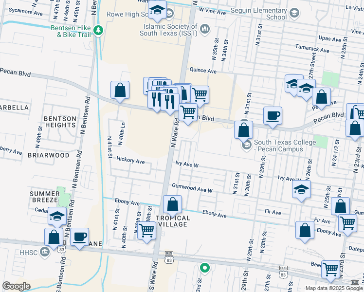 map of restaurants, bars, coffee shops, grocery stores, and more near 1004 N 36th St in McAllen